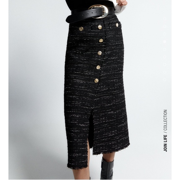 ZARA Black Tweed Textured Gold Buttons Skirt - Picture 6 of 8